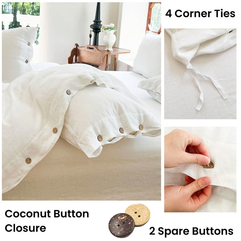 Simple&Opulence 100% Linen Duvet Cover Set 3pcs with Coconut Button Closure Natural French Washed Flax Solid Color Soft Breathable Farmhouse Bedding - White, King Size - Image 3